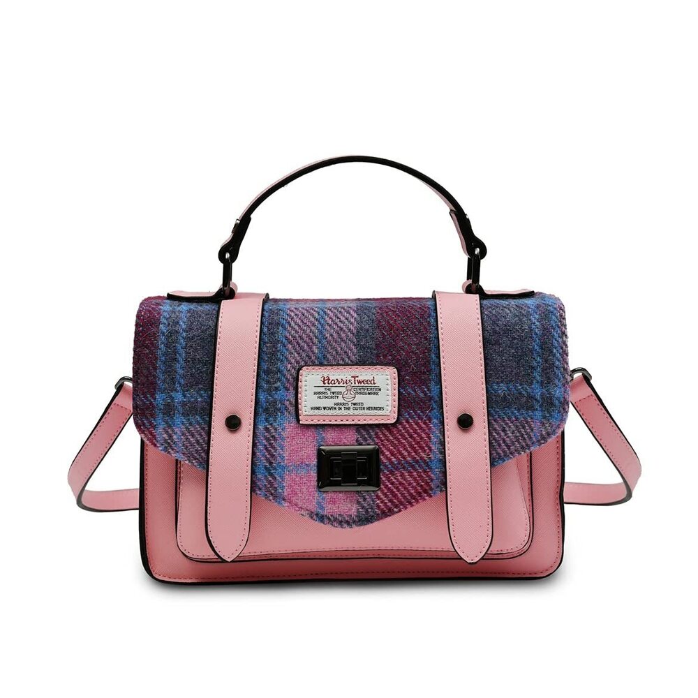 3079 Harris Tweed Pink Blue Tartan Medium Satchel Handbag, Pink, One Size